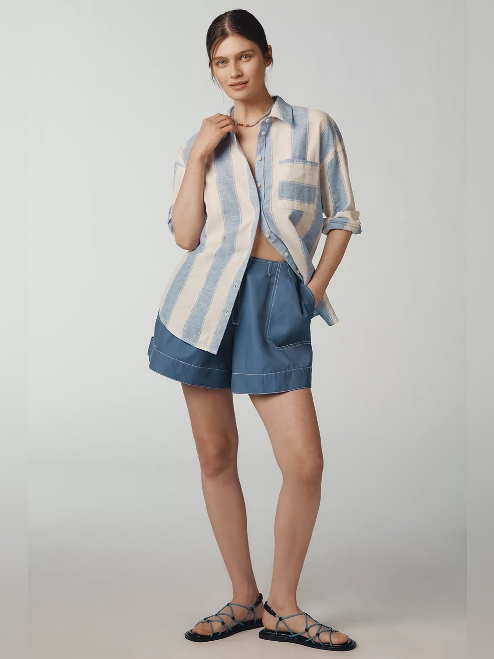 Maeve x Anthropologie The Bennet Buttondown Shirt Linen Edition Peach White Sz L